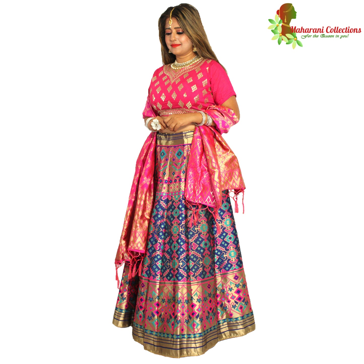 Maharani's Designer Pure Banarasi Silk Lehenga - Pink and Blue (M/L)