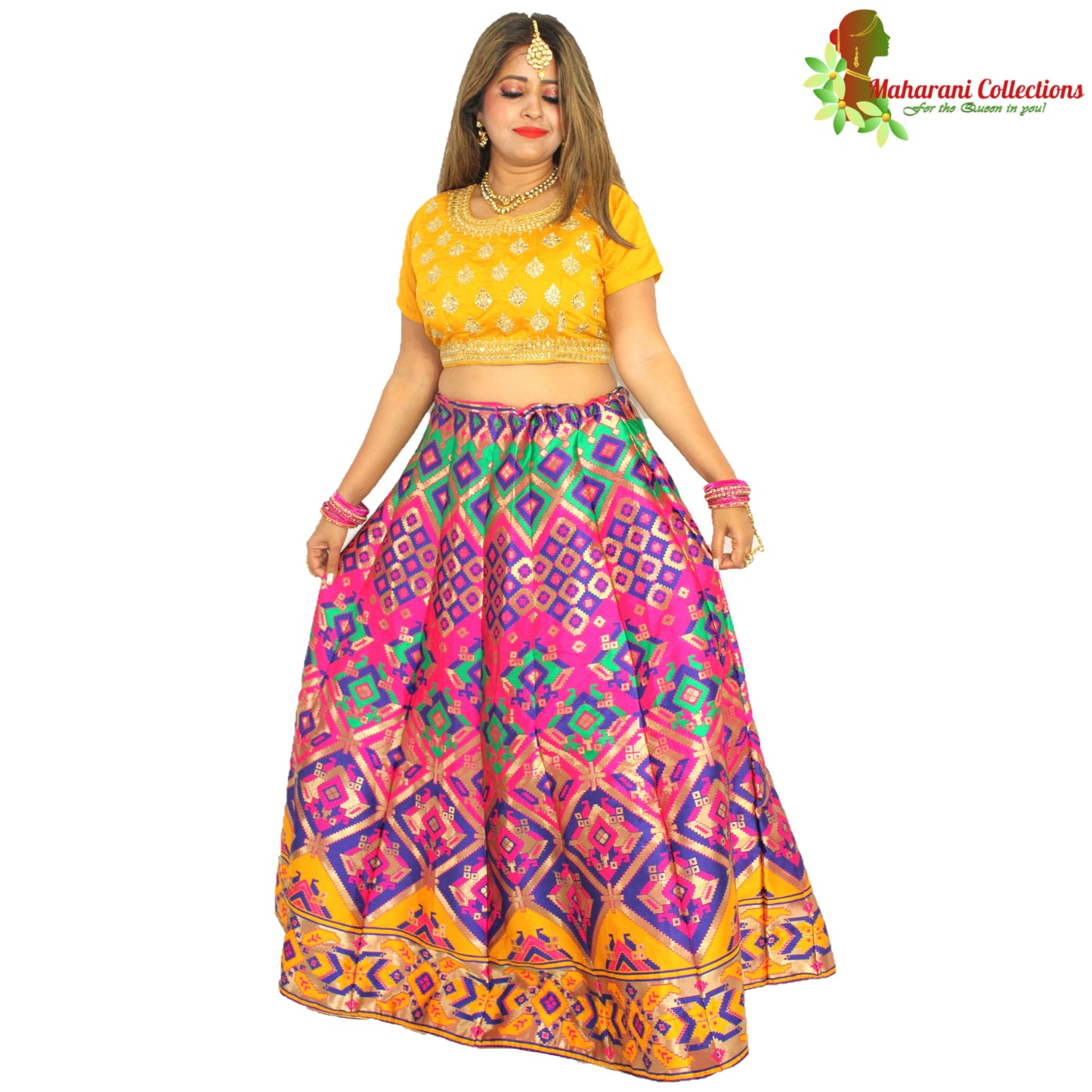 Maharani's Designer Pure Banarasi Silk Lehenga - Festive Yellow and Pink (M/L)