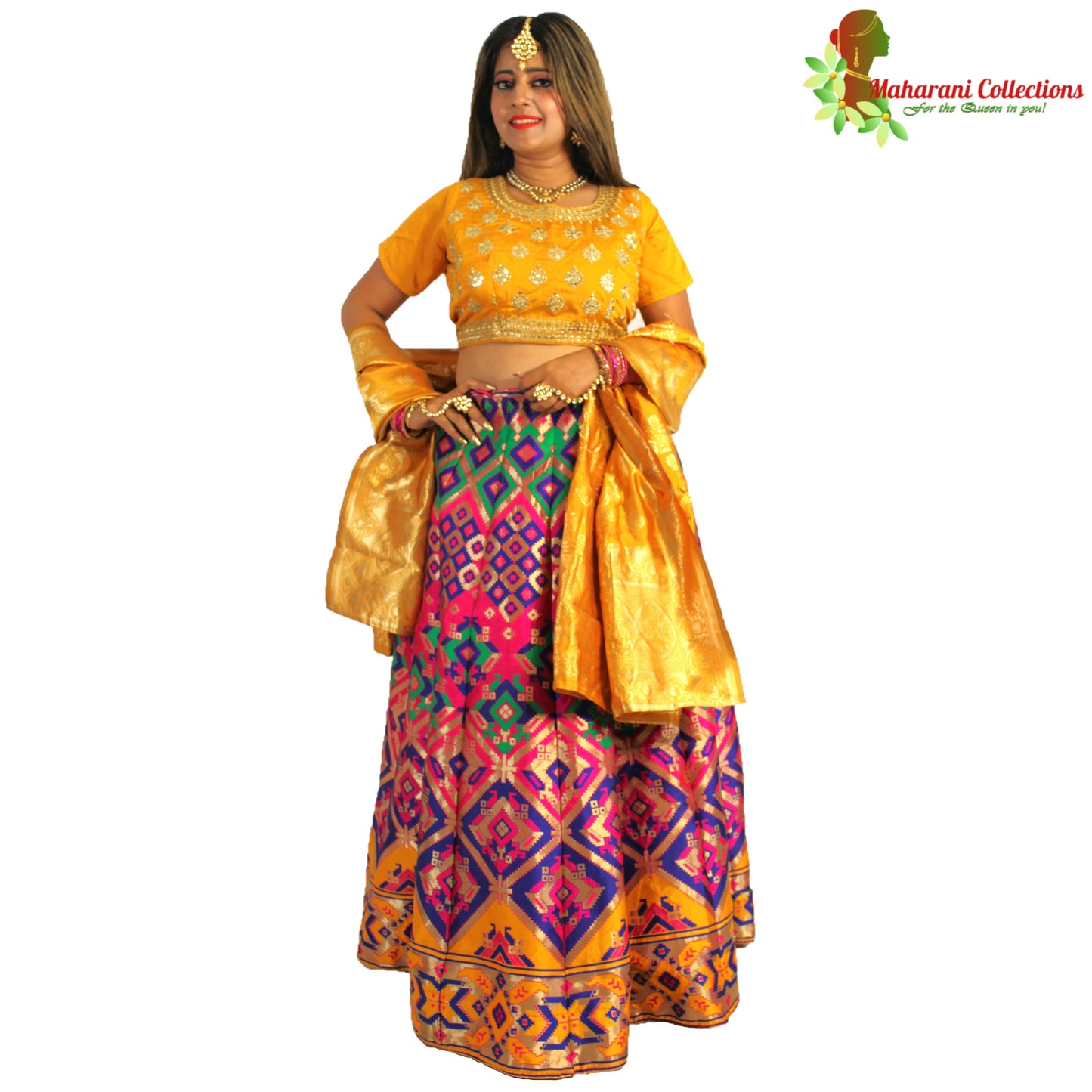 Maharani's Designer Pure Banarasi Silk Lehenga - Festive Yellow and Pink (M/L)