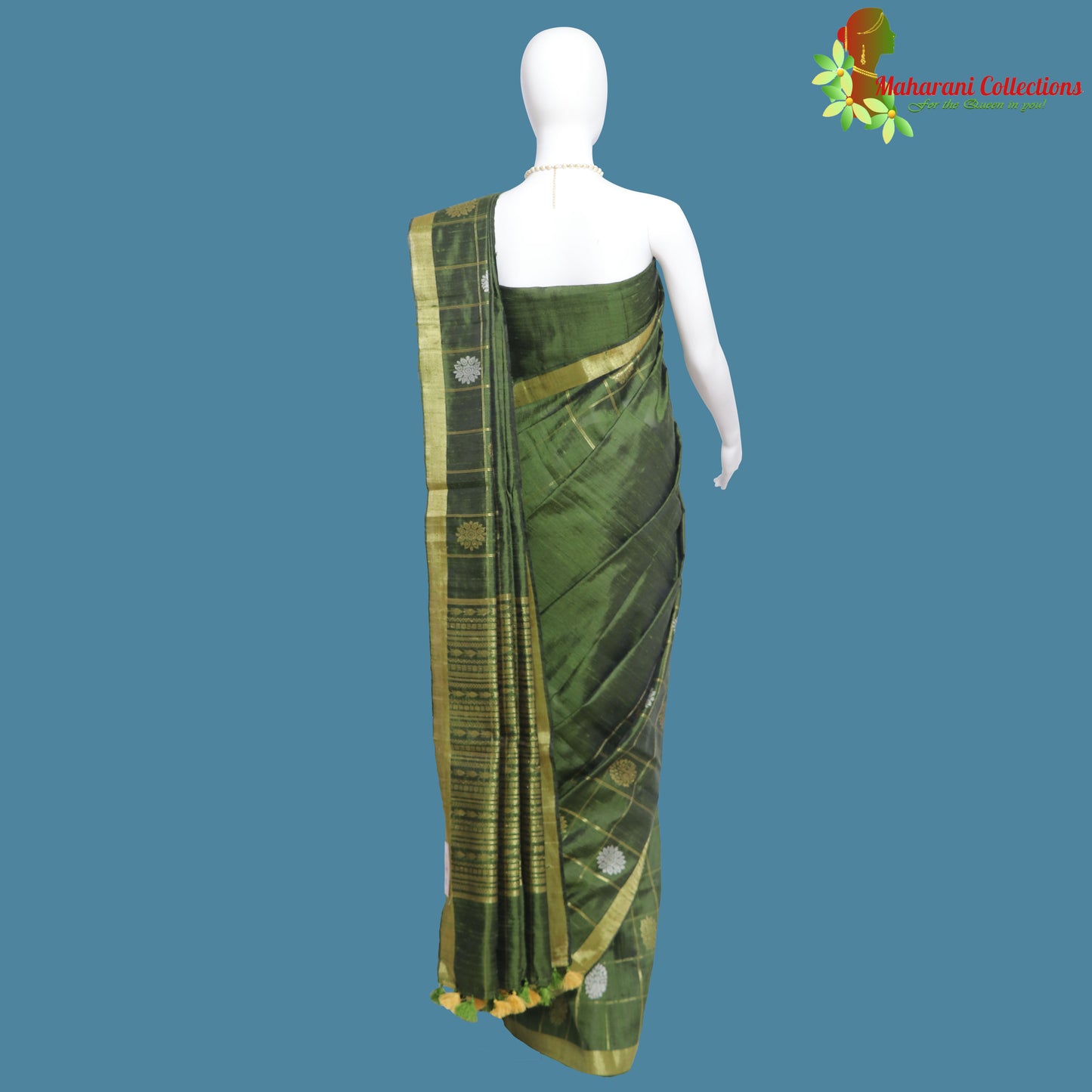 Pure Handloom Tussar Silk Saree - Olive Green with Golden Zari