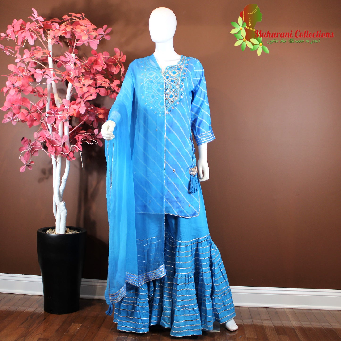 Maharani's Sharara Suit - Blue (L) - Pure Muslin Silk
