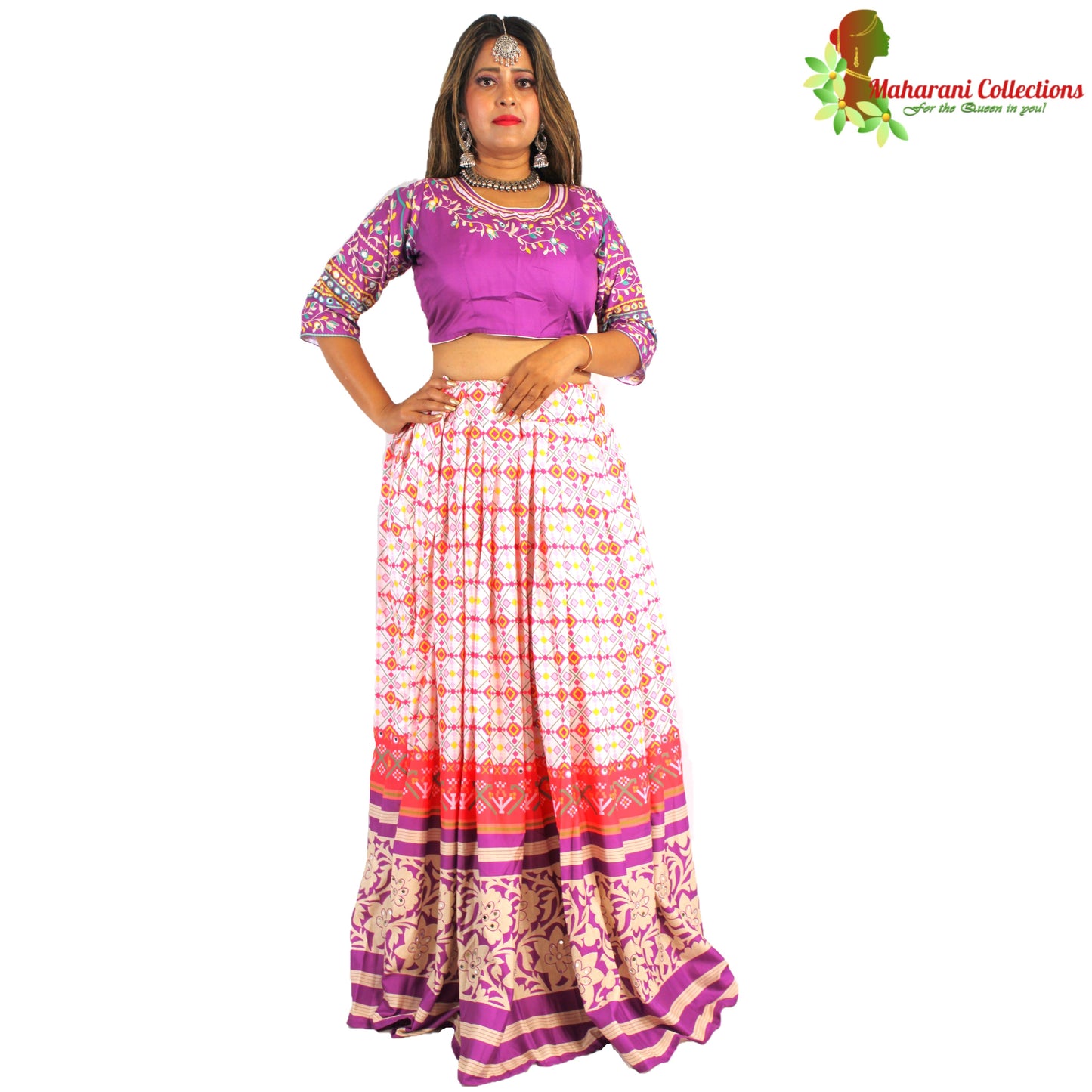 Maharani's Designer Silk Lehenga - White and purple