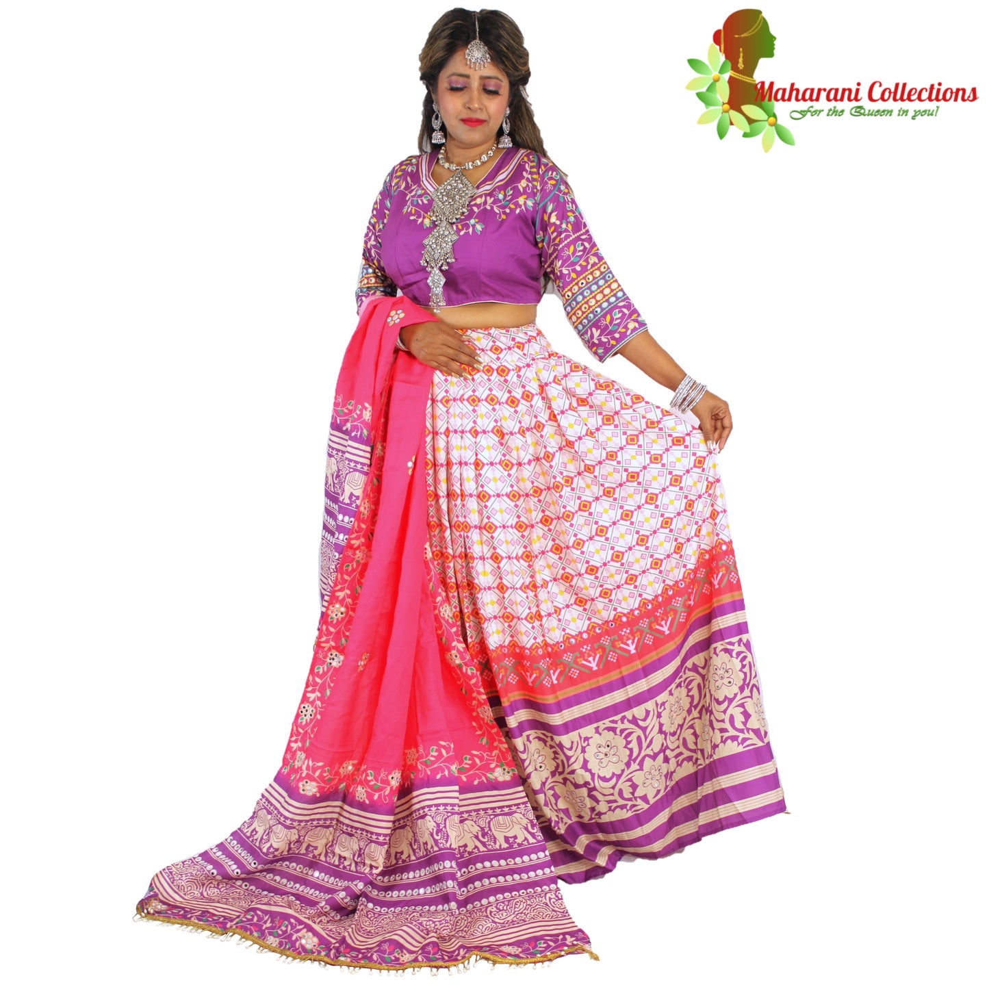 Maharani's Designer Silk Lehenga - White and purple