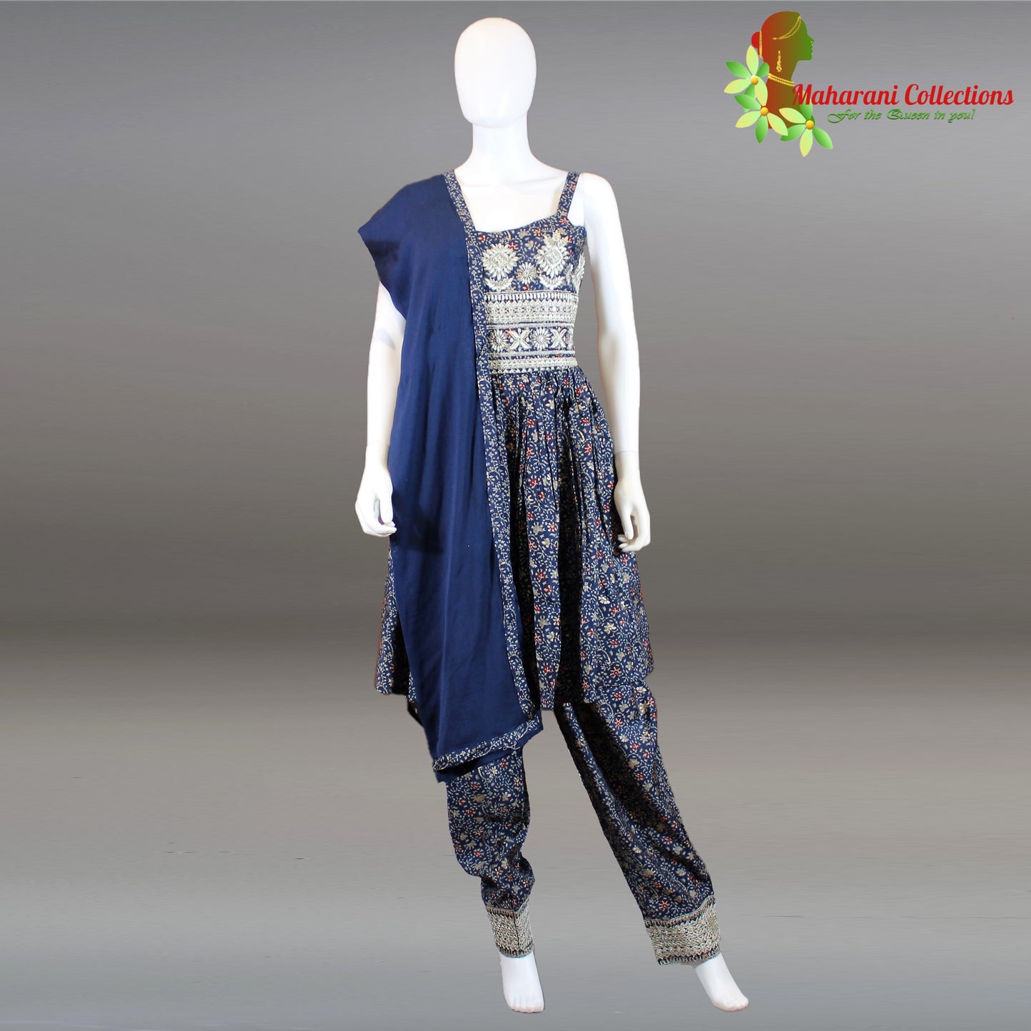 Maharani's Suit with Pants and Dupatta - Royal Blue (M) - Pure Muslin Silk