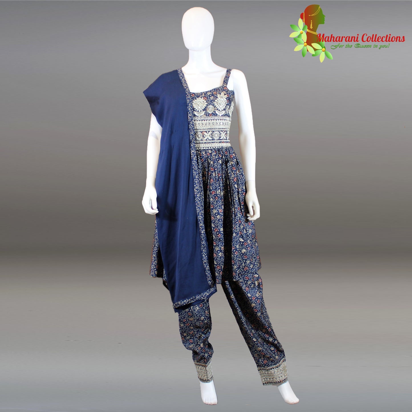 Maharani's Suit with Pants and Dupatta - Royal Blue (S) - Pure Muslin Silk