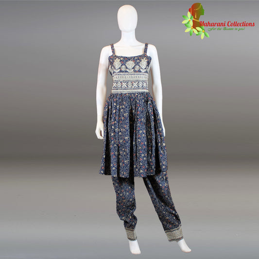 Maharani's Suit with Pants and Dupatta - Royal Blue (M) - Pure Muslin Silk