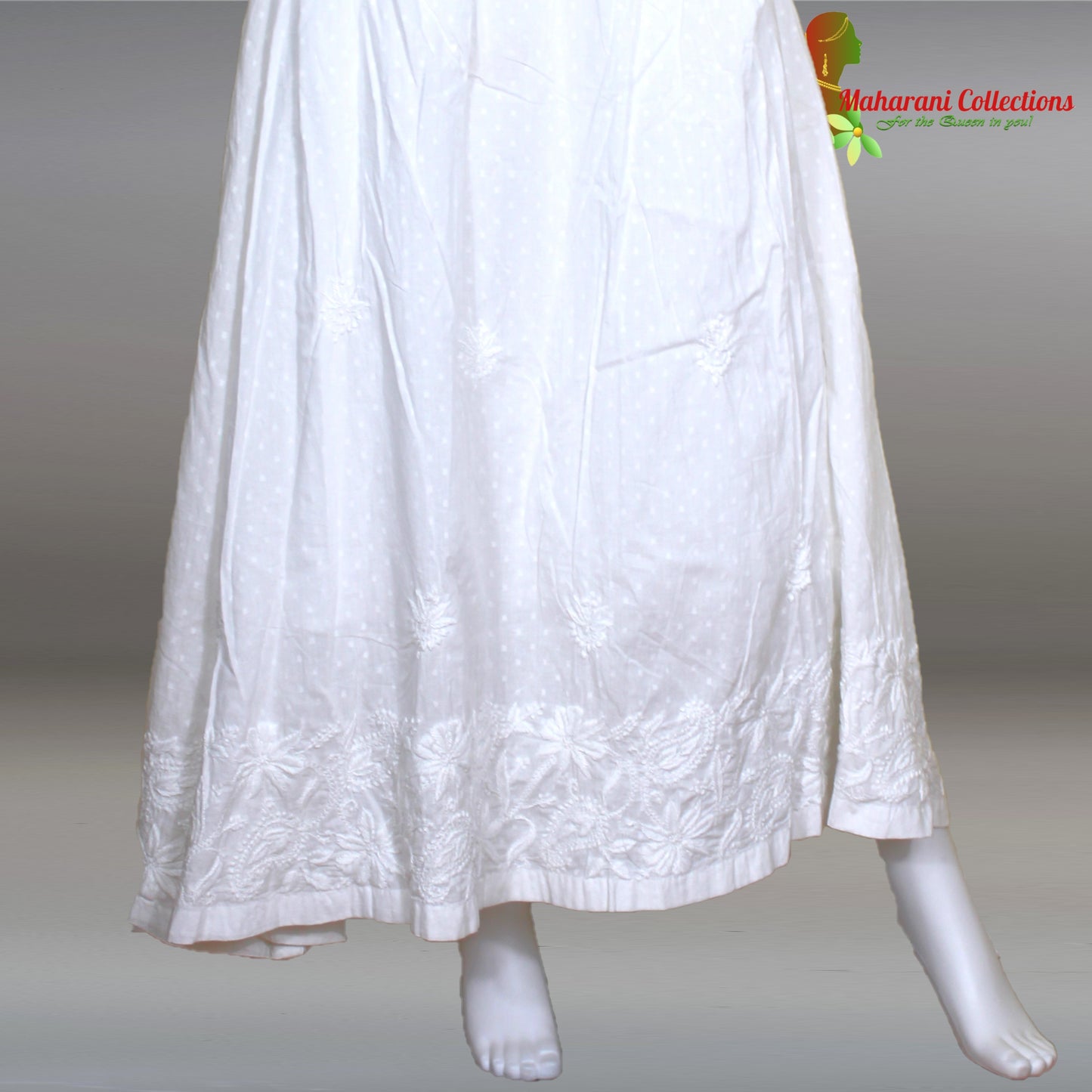 Maharani's Lucknowi Chikankari Long Skirt - White (M) - Pure Cotton