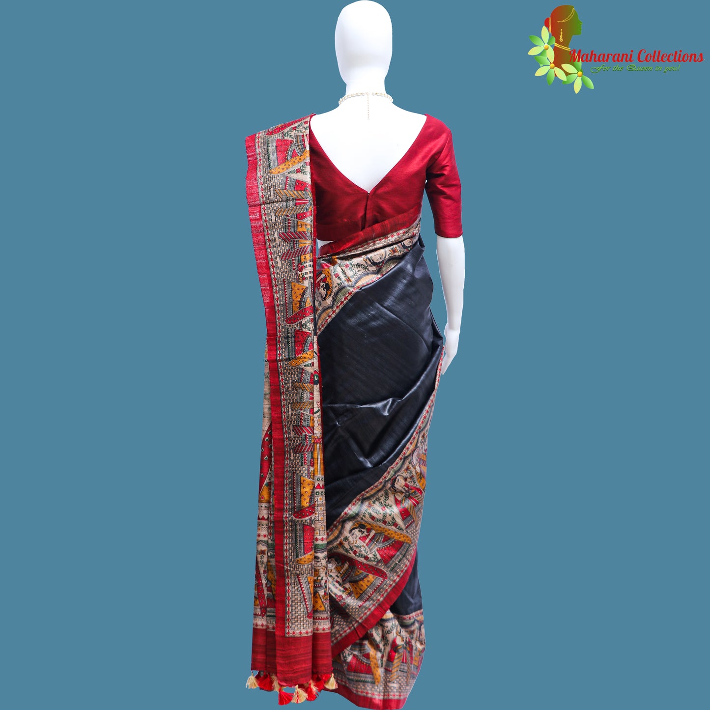 Pure Bhagalpur Tussar Silk Saree (Silk Mark) - Black Madhubani Work
