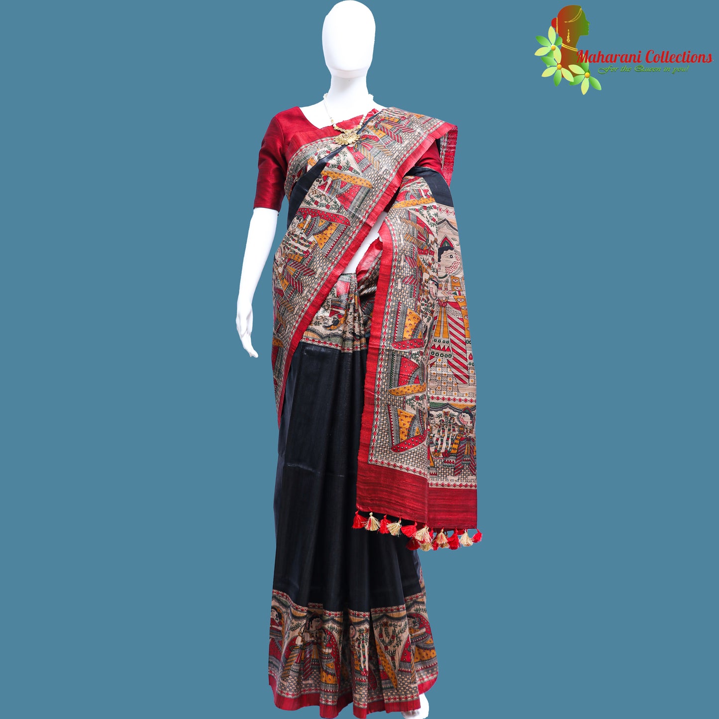 Pure Bhagalpur Tussar Silk Saree (Silk Mark) - Black Madhubani Work