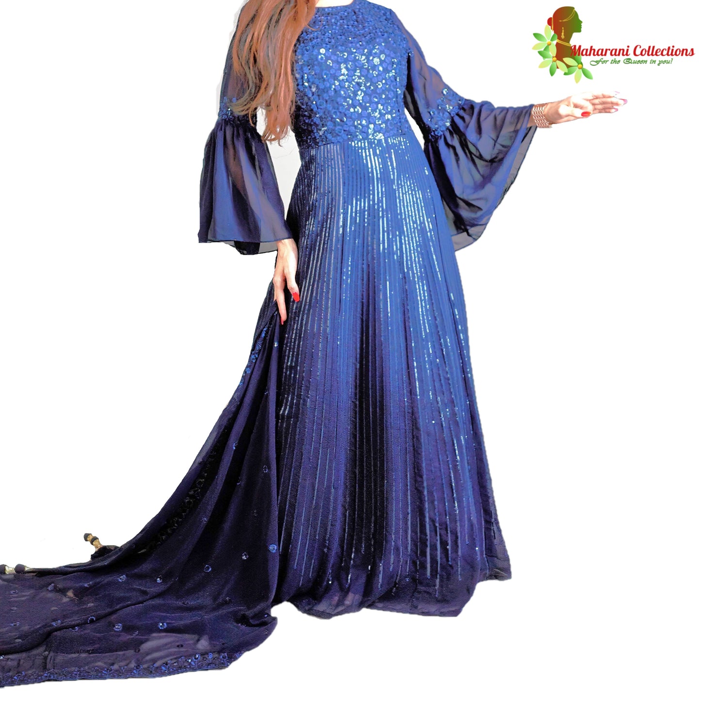 Maharani's Designer Gala Gown - Royal Blue with Thread, Sequins and Net Work