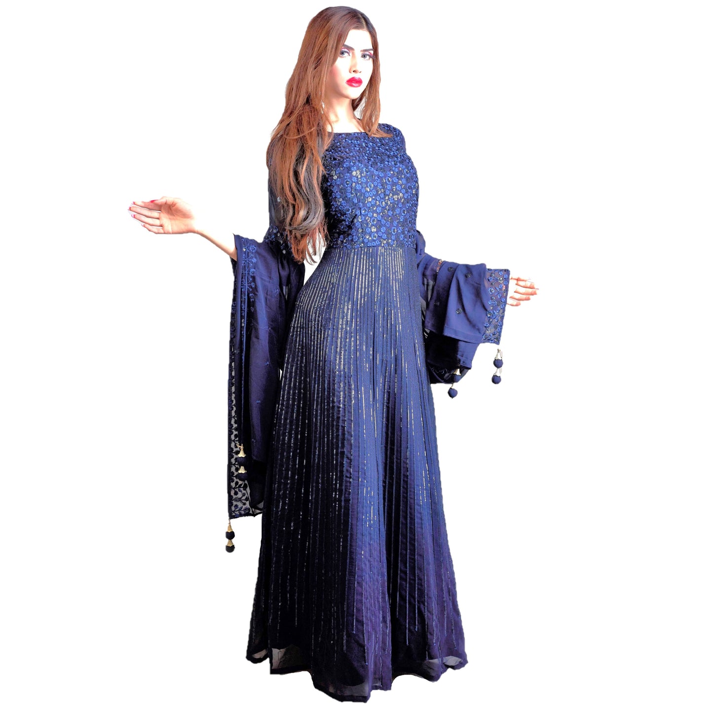 Maharani's Designer Gala Gown - Royal Blue with Thread, Sequins and Net Work