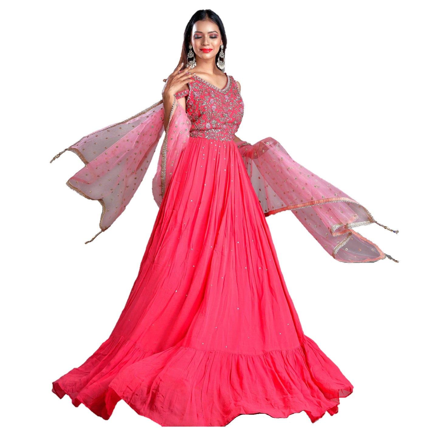 Maharani's Designer Ball (Princess) Gown - Pink/Peach with Zari, Pearl & Sequins Work