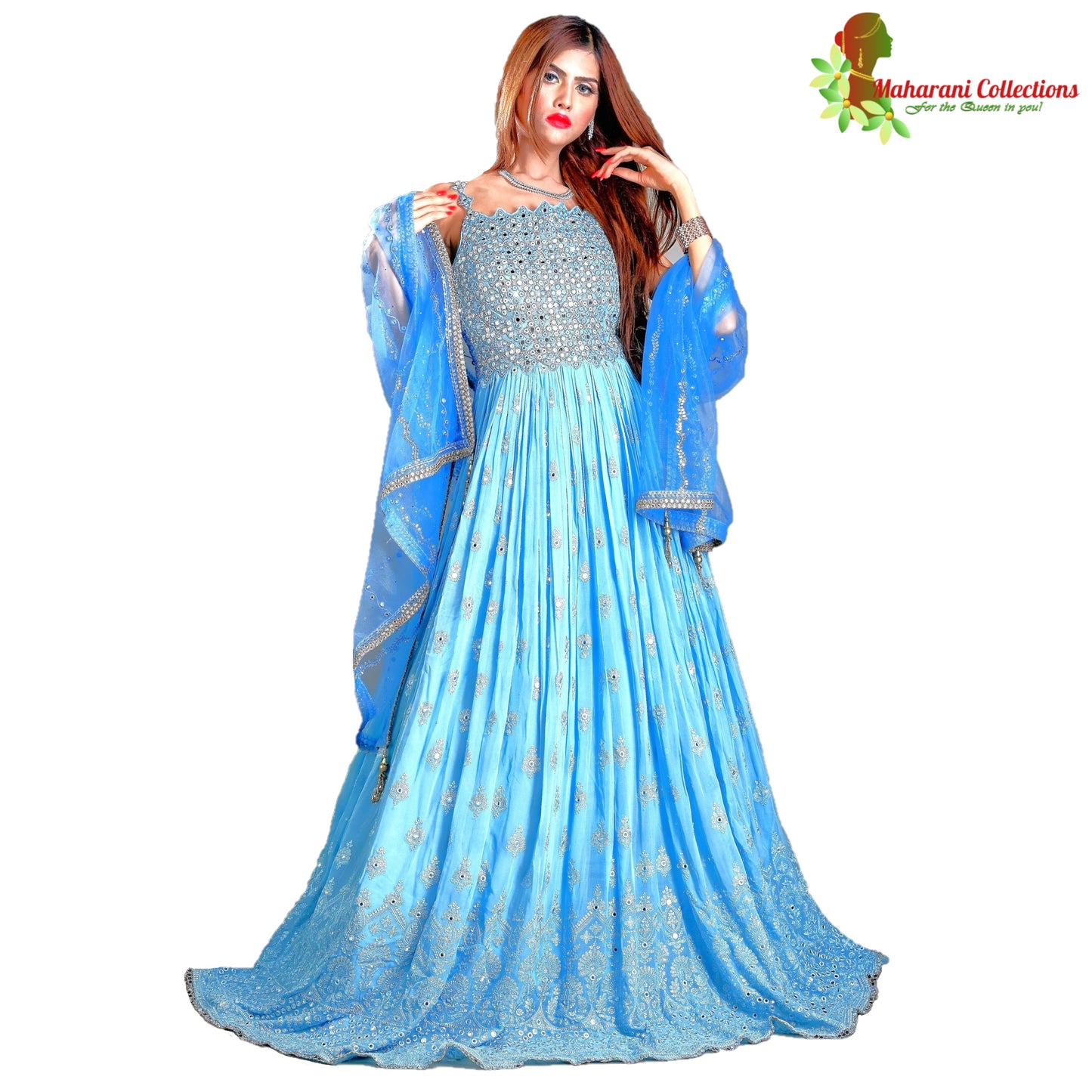 Maharani's Designer Ball (Princess) Gown - Sky Blue with Thread, Mirror & Sequins Work