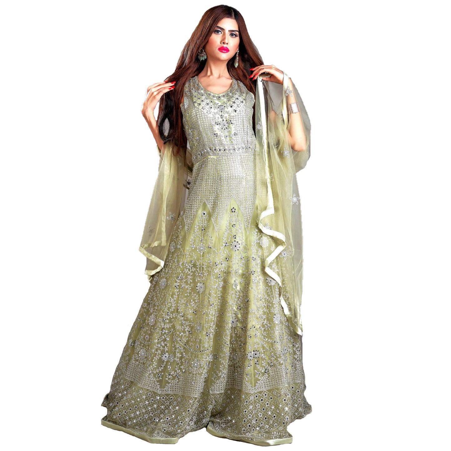 Designer Ball (Princess) Gown - Pistachio Green with Zari, Mirror, Sequins and Net Work