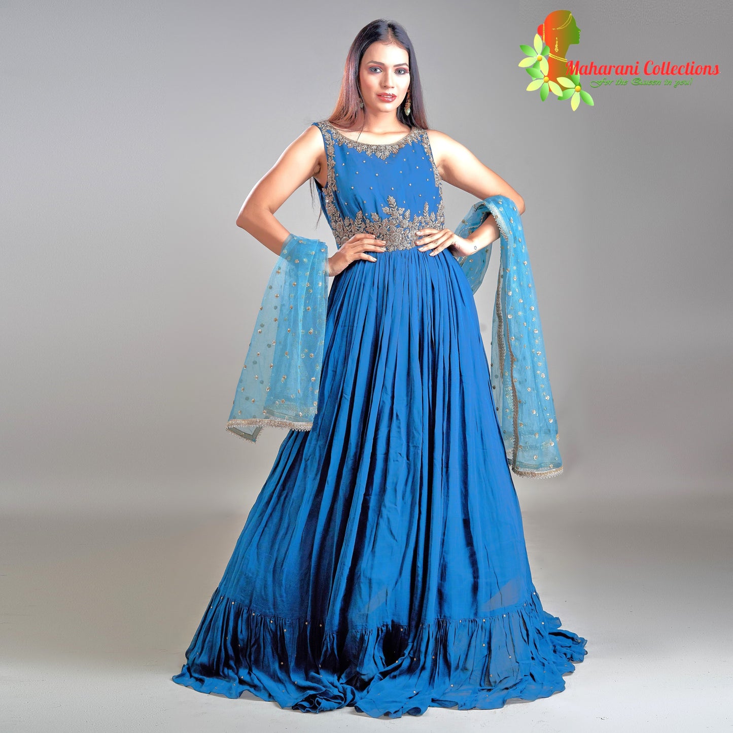 Maharani's Designer Ball (Princess) Gown - Peacock Blue with Heavy Golden Sequins and Zari Work