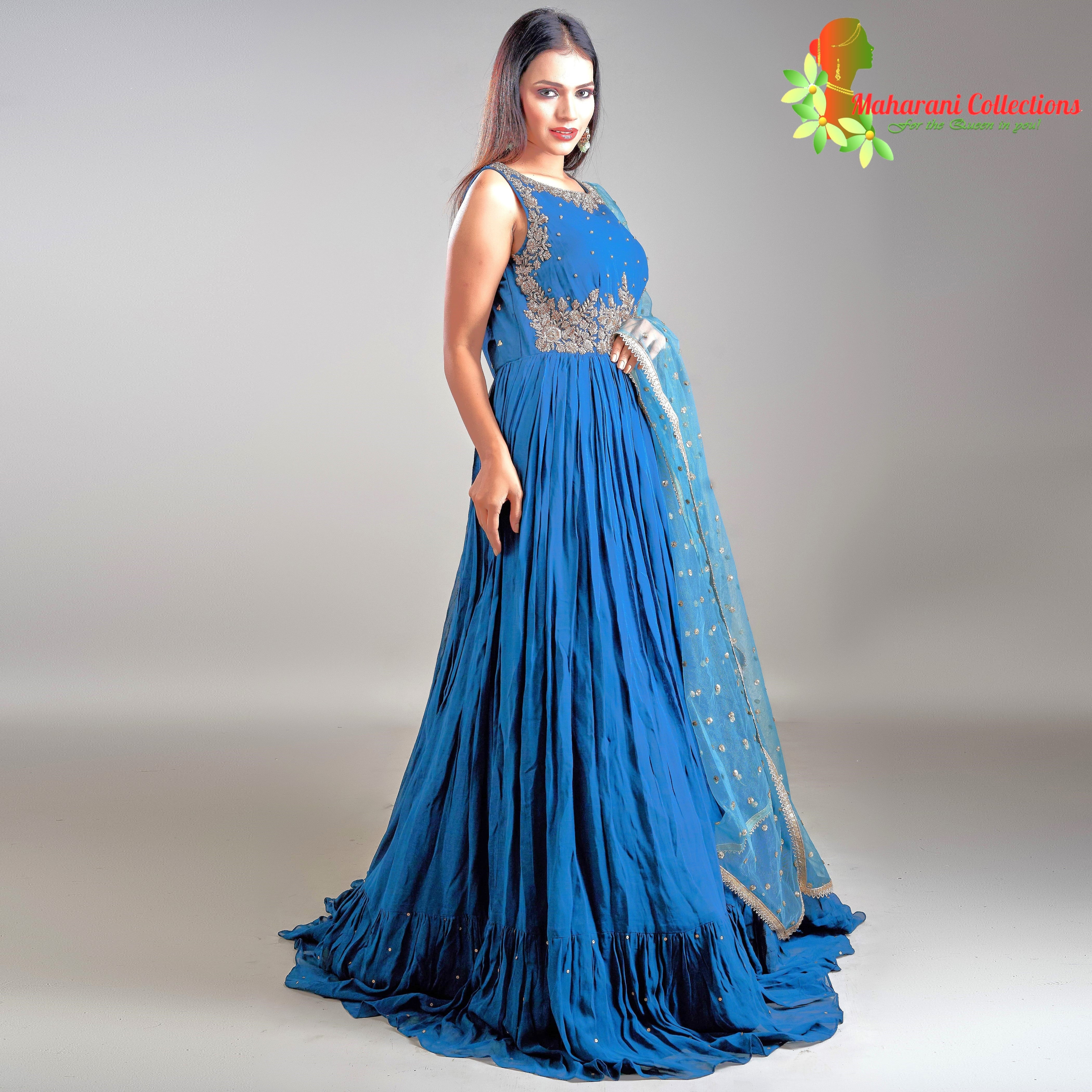 Maharani's Designer Ball (Princess) Gown - Peacock Blue with Heavy Gol –  Maharani Collections