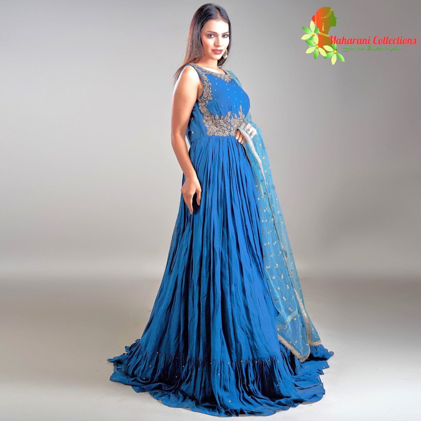 Maharani's Designer Ball (Princess) Gown - Peacock Blue with Heavy Golden Sequins and Zari Work