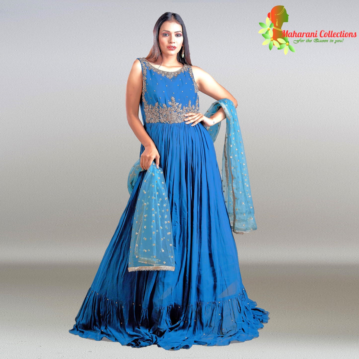 Maharani's Designer Ball (Princess) Gown - Peacock Blue with Heavy Golden Sequins and Zari Work