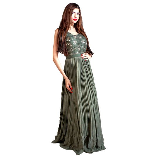 Designer Gala Gown - Olive Green with Mirror Work