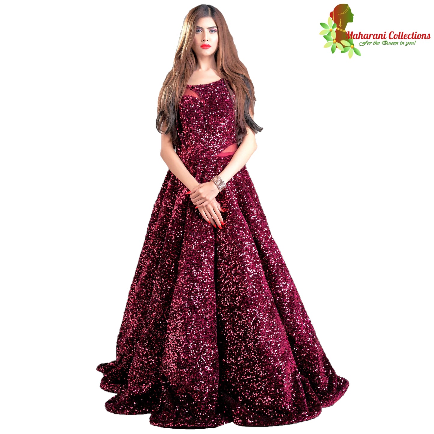 Maharani's Designer Ball (Princess) Gown - Dark Maroon with Glittering Sequins & Thread Work