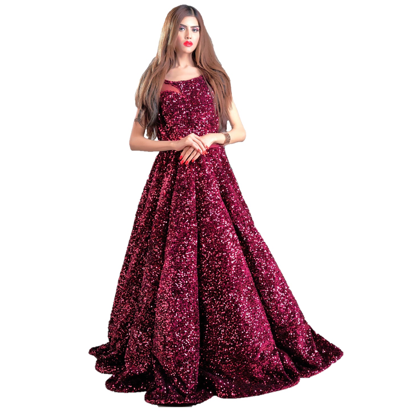 Maharani's Designer Ball (Princess) Gown - Dark Maroon with Glittering Sequins & Thread Work