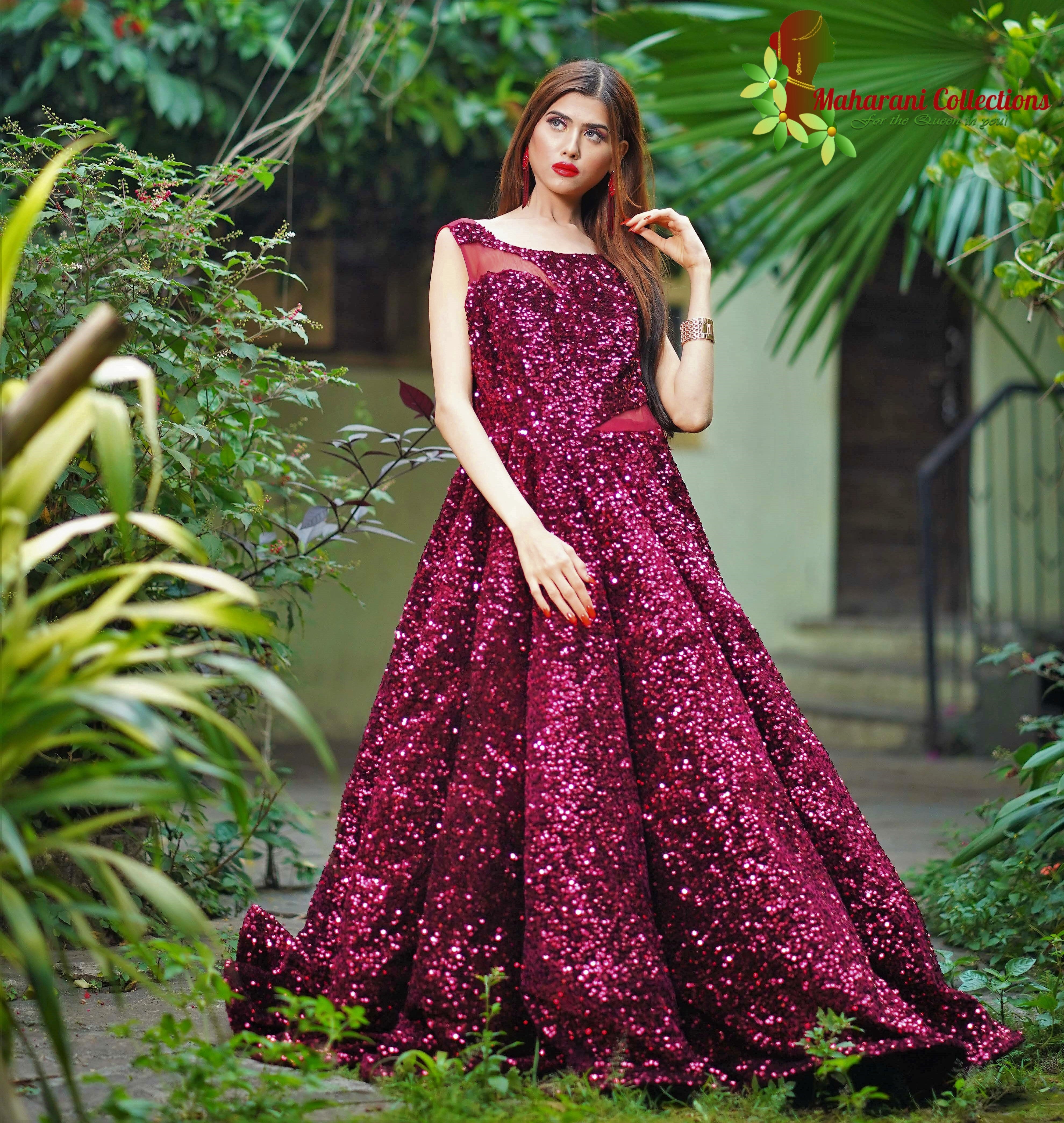 Maharani s Designer Ball Princess Gown Dark Maroon with Glittering Maharani Collections