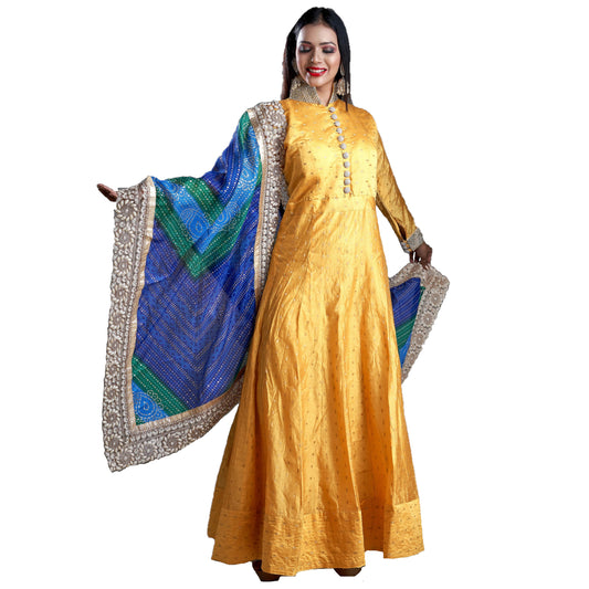 Designer Gala Gown - Yellow with Pearl, Stone and Golden Zari Work