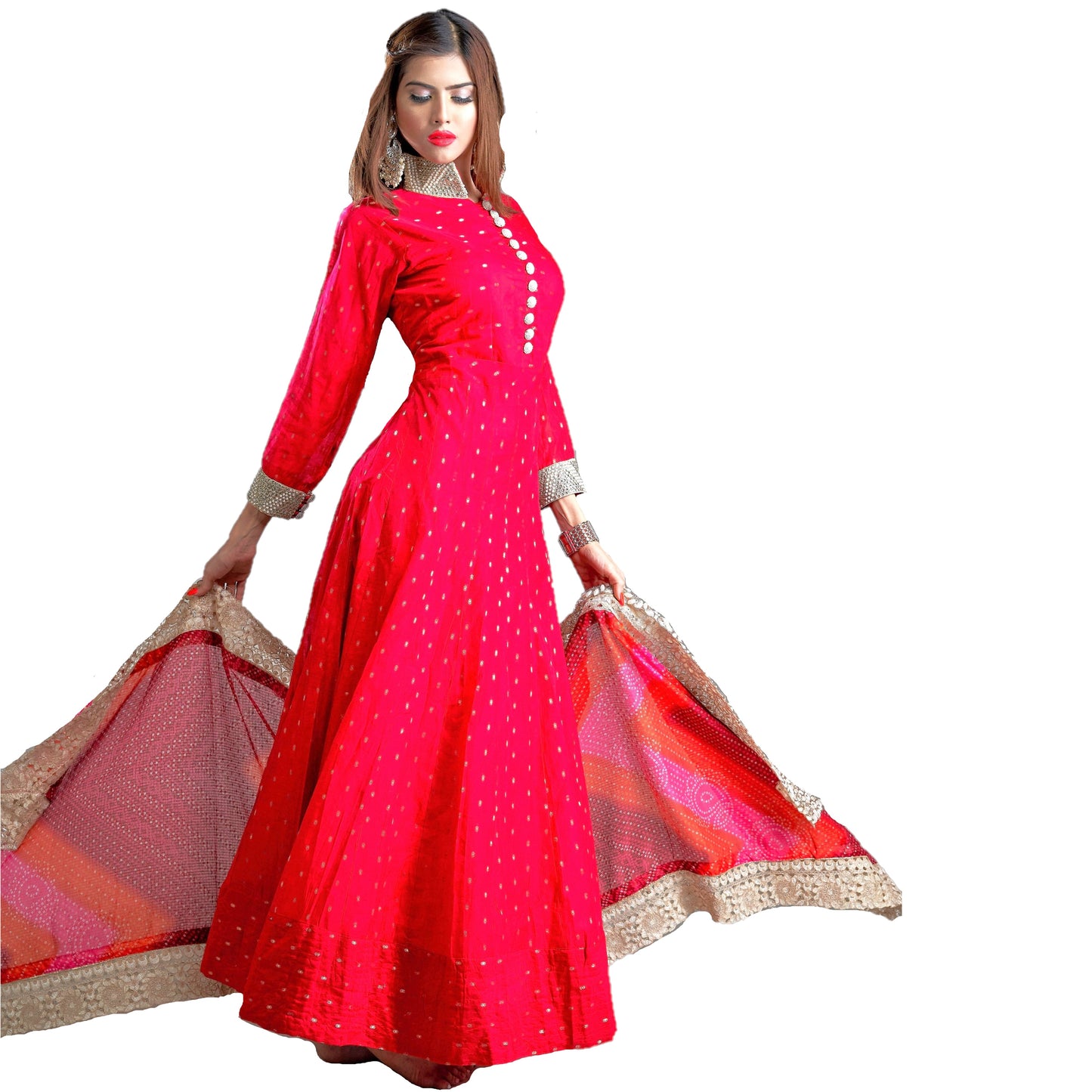 Maharani's Designer Gala Gown - Maroon with Pearl, Stone and Golden Zari Work