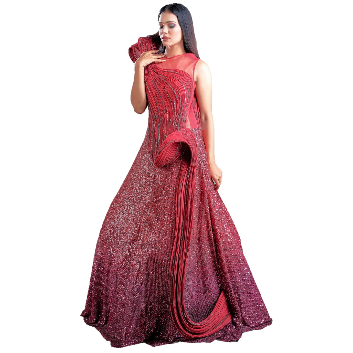 Maharani's Designer Ball (Princess) Gown - Wine color with Glittering Heavy Sequins Work