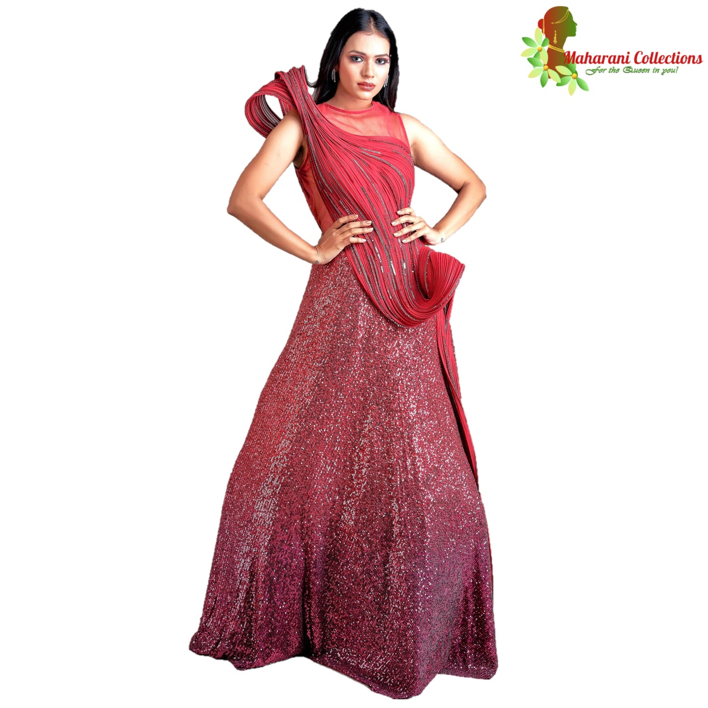 Maharani's Designer Ball (Princess) Gown - Wine color with Glittering Heavy Sequins Work