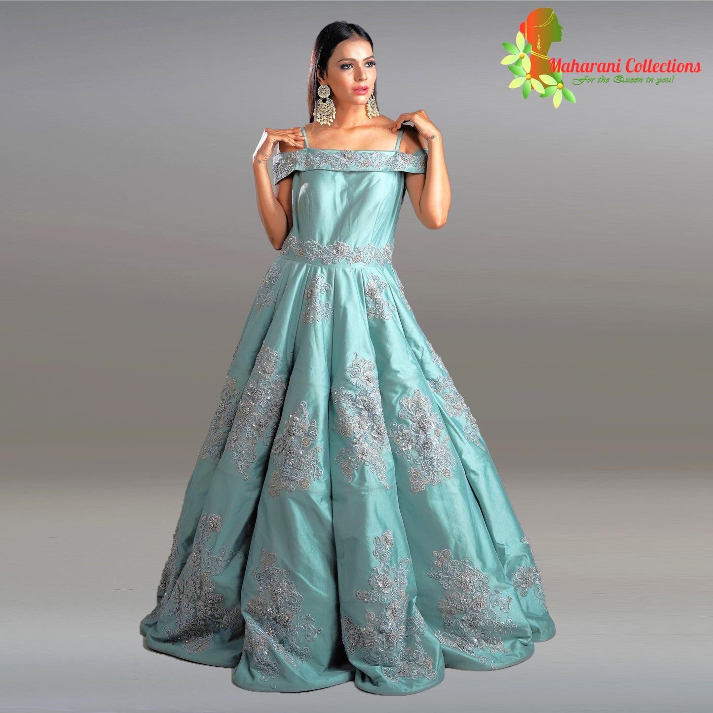 Designer Ball (Princess) Gown - Sea Green with Pearl and Sequins Work