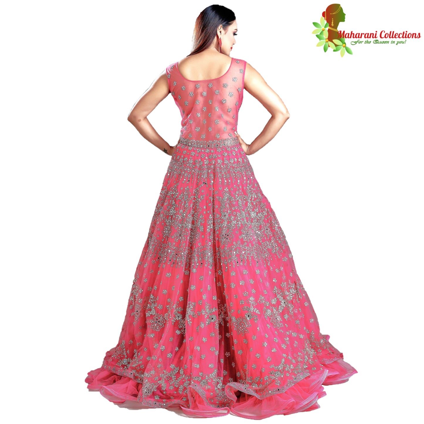 Maharani's Designer Ball (Princess) Gown - Solid Pink with Net, Beads, Sequins and Thread Work