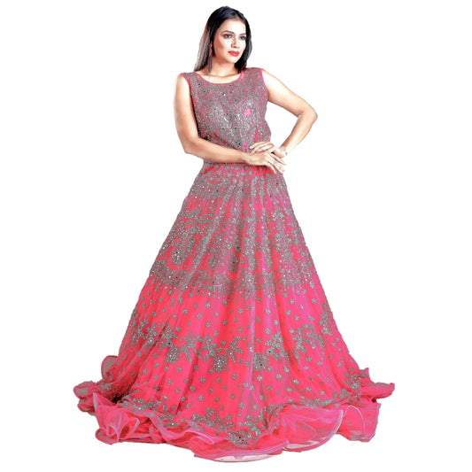 Maharani's Designer Ball (Princess) Gown - Solid Pink with Net, Beads, Sequins and Thread Work