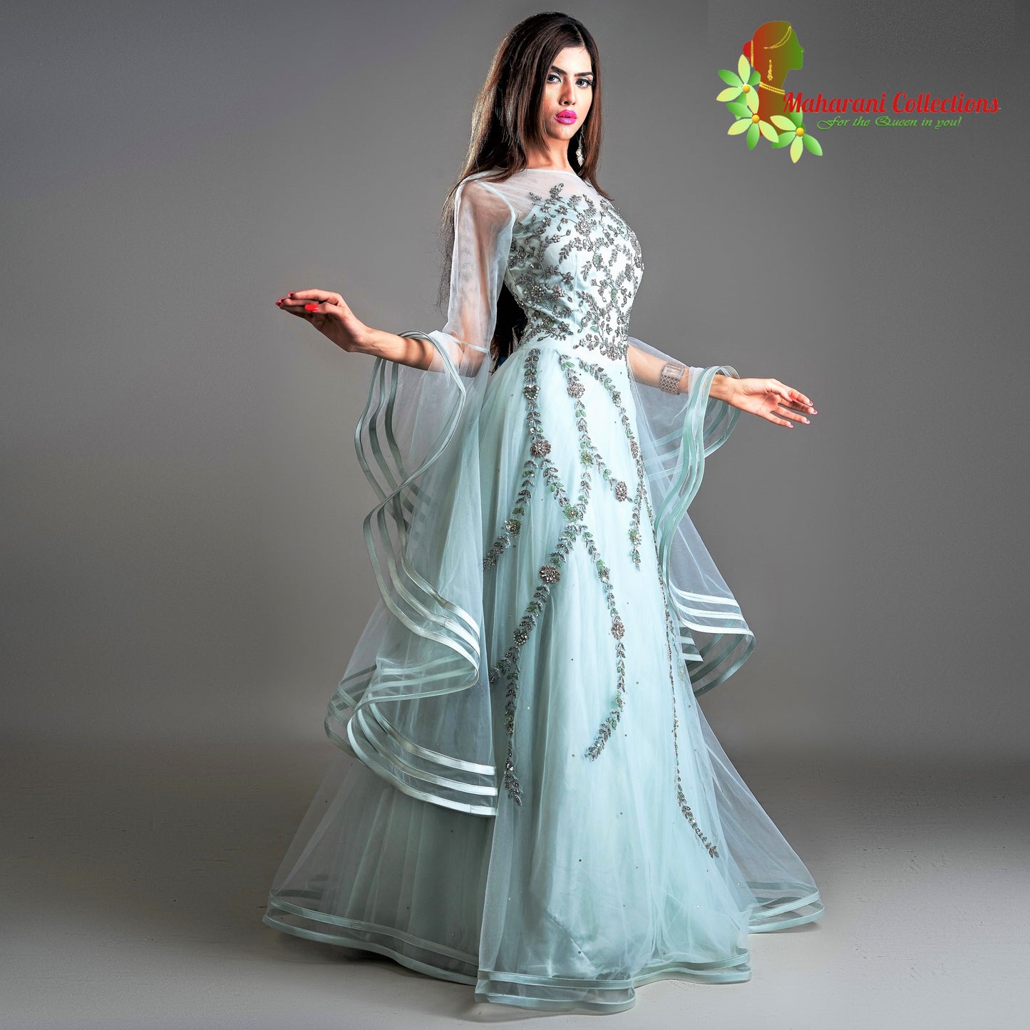 Designer Ball (Princess) Gown - Light Sea Green with Net, Beads, Sequins and Thread Work