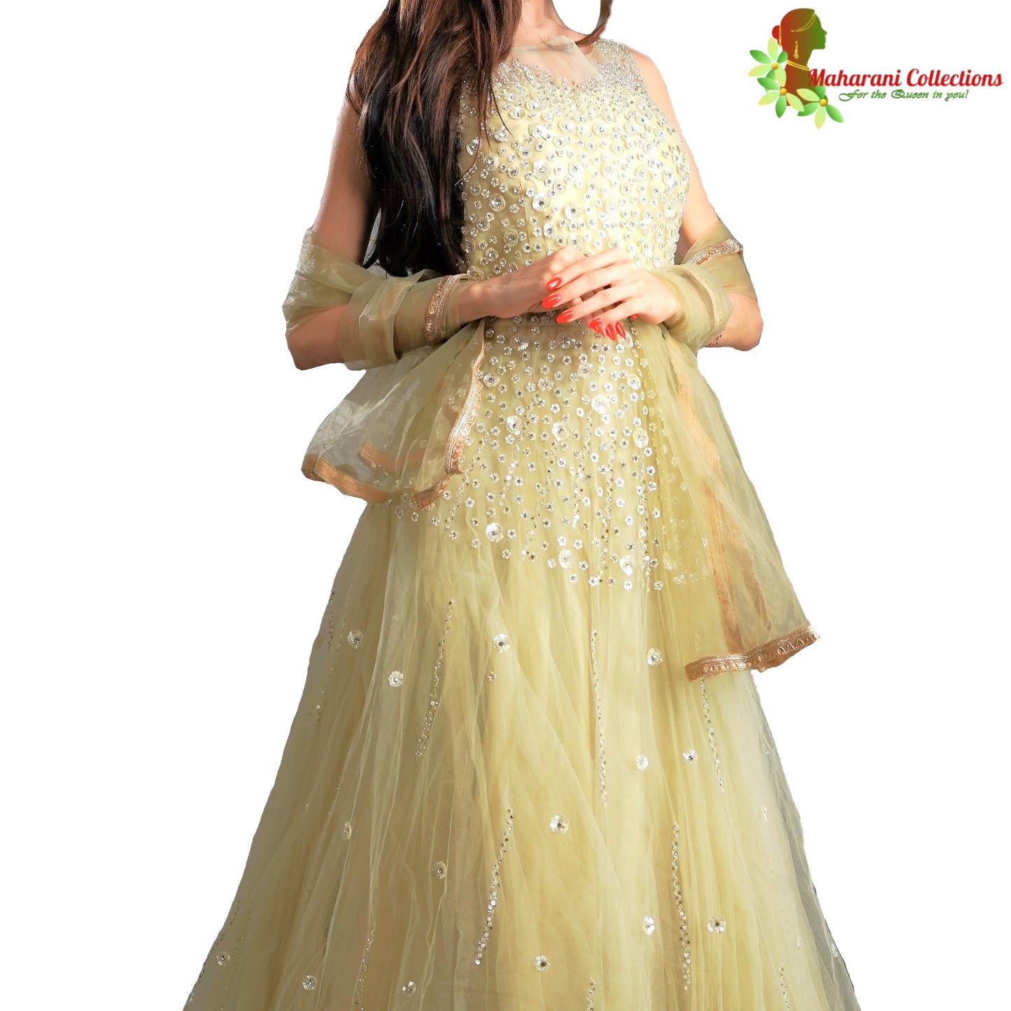 Designer Ball (Princess) Gown - Lemon Yellow with Stone and Sequins Work
