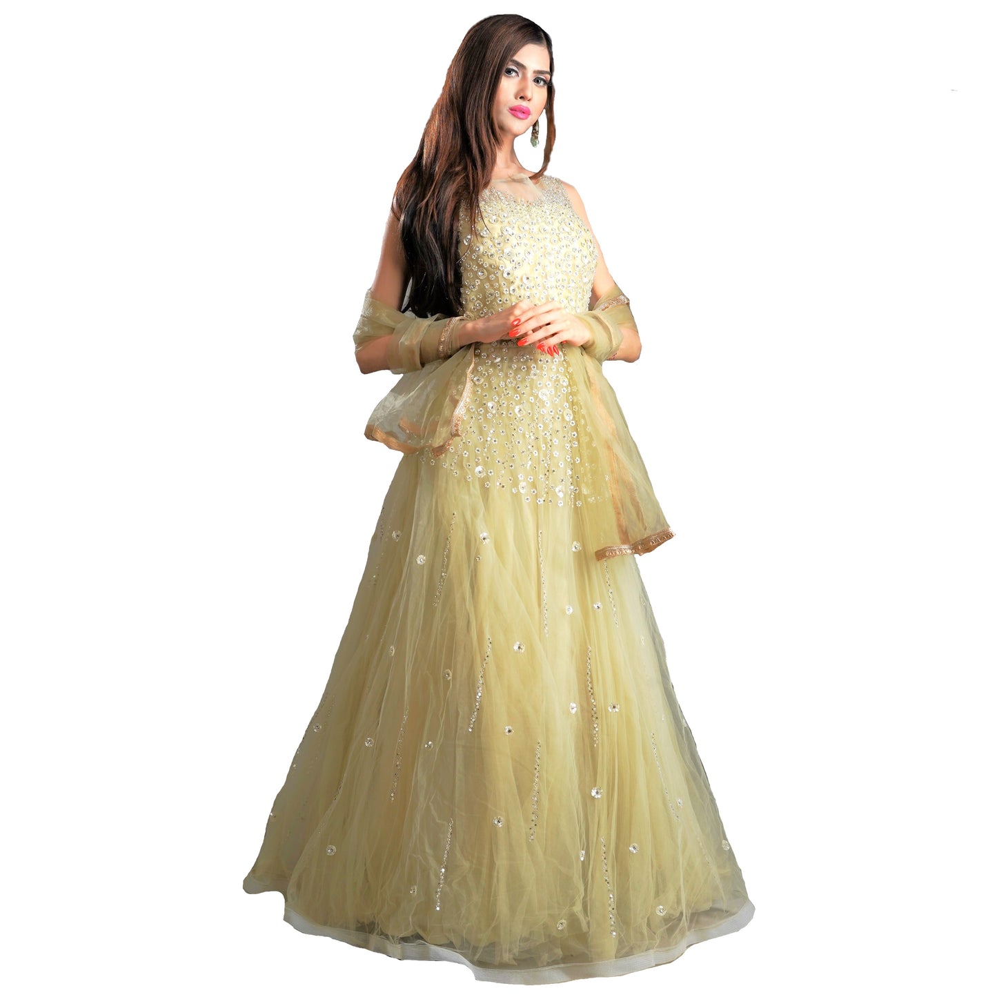 Designer Ball (Princess) Gown - Lemon Yellow with Stone and Sequins Work