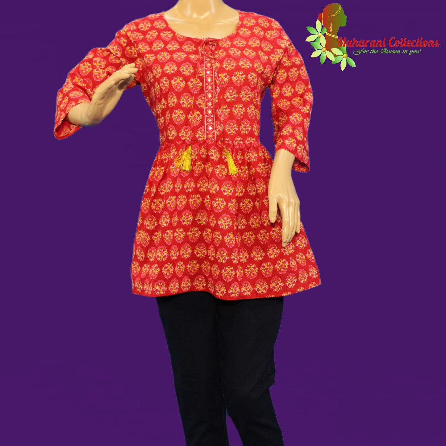 Kurti Top - Maroon Floral Traditional Short Kurti (S/M)