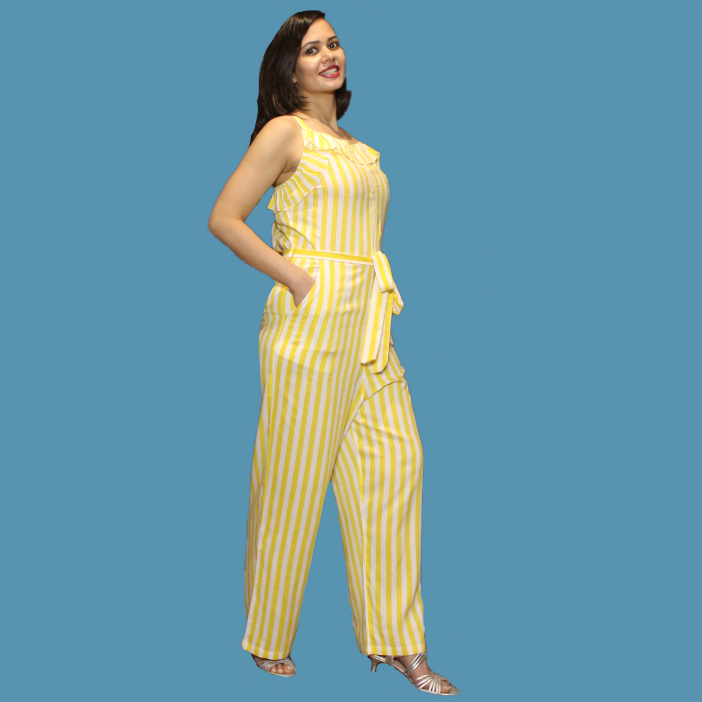 Soft Cotton Jump Suit - Sleeveless Yellow and White (L)