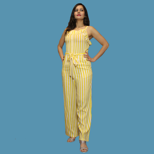 Soft Cotton Jump Suit - Sleeveless Yellow and White (L)