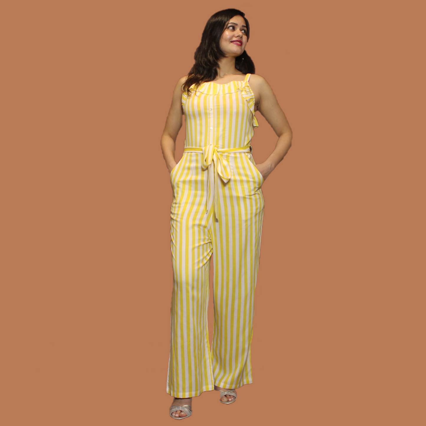 Soft Cotton Jump Suit - Sleeveless Yellow and White (L)