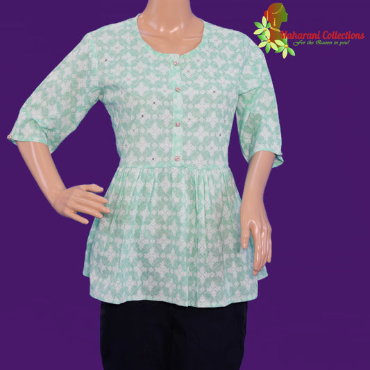 Kurti Top - Light Green Floral Traditional Short Kurti (S/M)