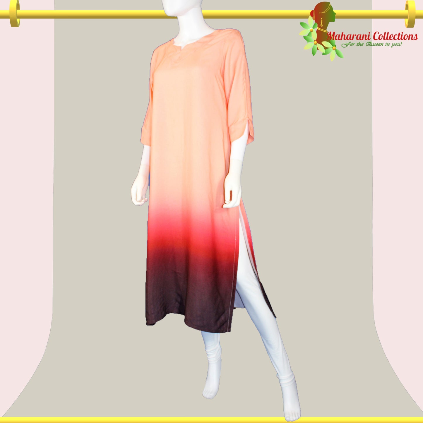 Maharani's Soft Cotton Long Dress - Pink, Red and Brown (M)