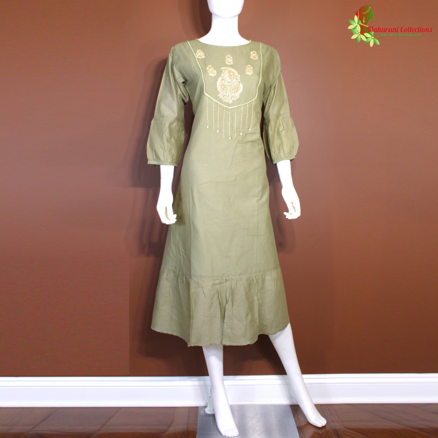 Maharani's Long Dress - Soft Cotton - Olive Green (M)