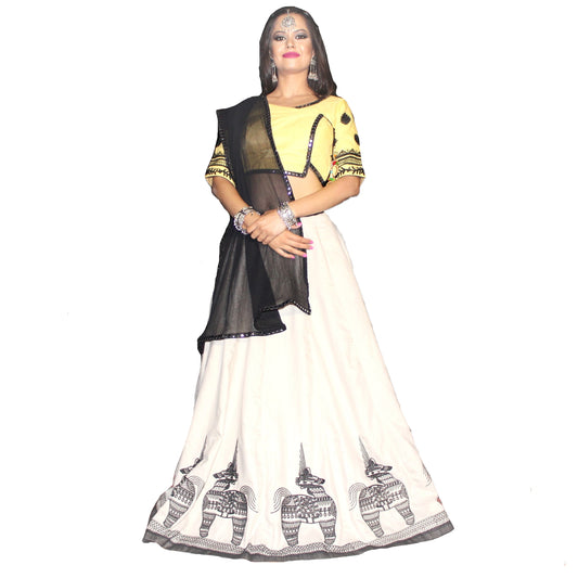 Maharani's Festive Chania Choli with Dupatta - Yellow/White (M)