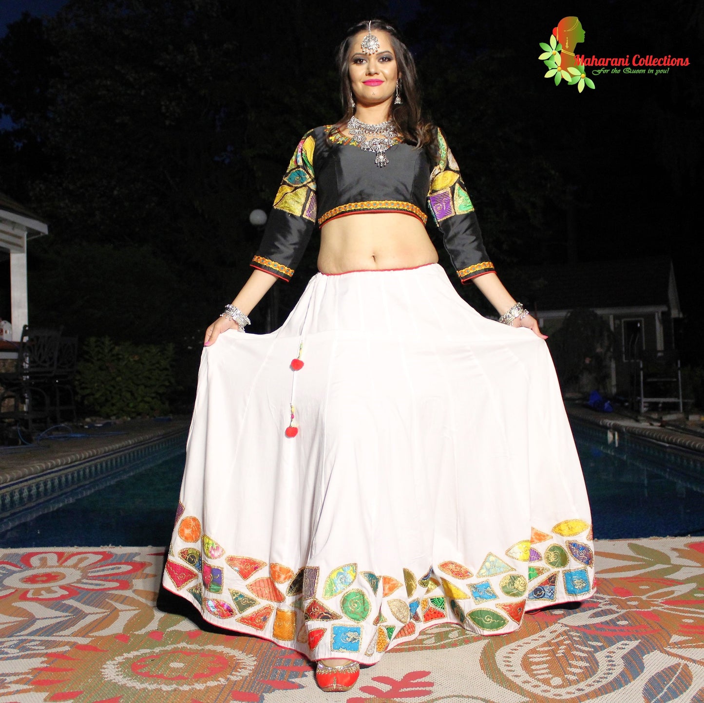 Maharanis Festive Silk Chania Choli with Dupatta - Red/White/Black (M)