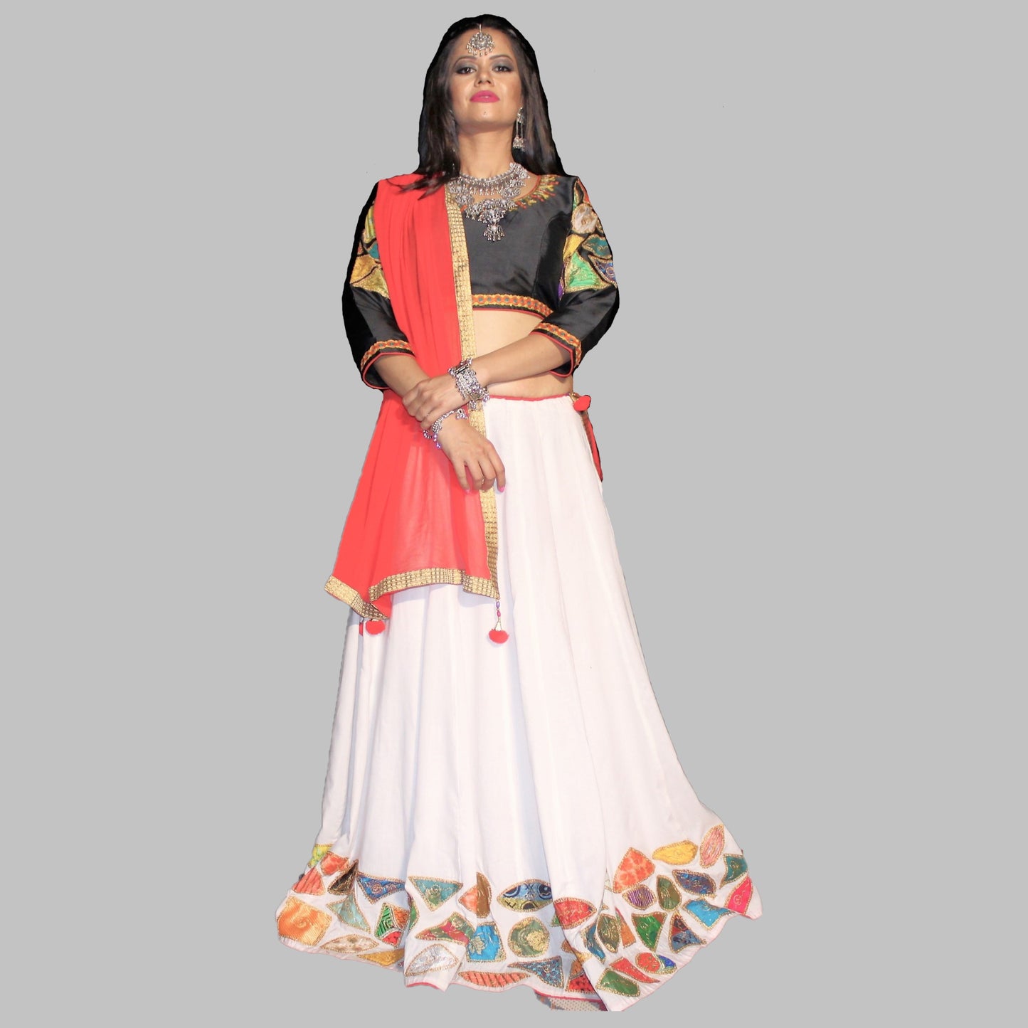 Maharanis Festive Silk Chania Choli with Dupatta - Red/White/Black (M)