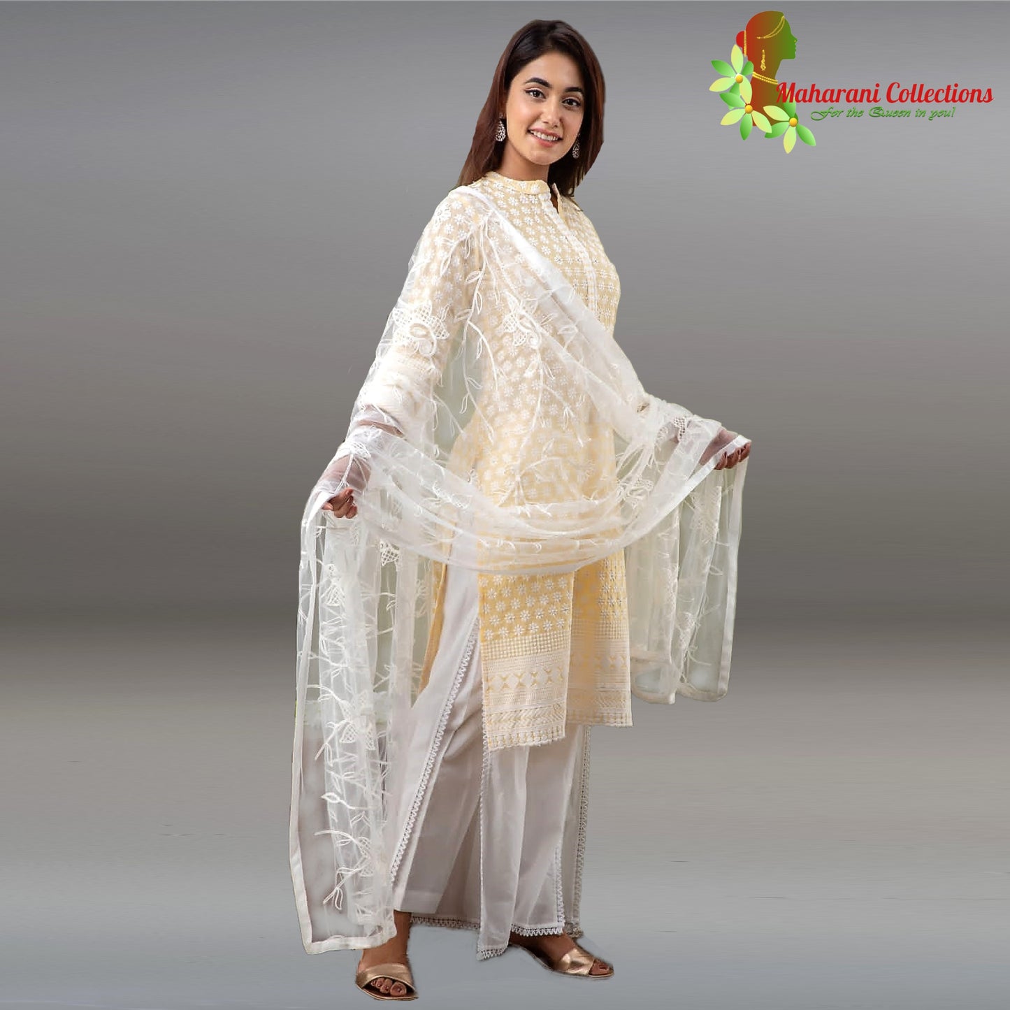 Maharani's Sharara Suit - Light Yellow (XL) - Pure Cotton