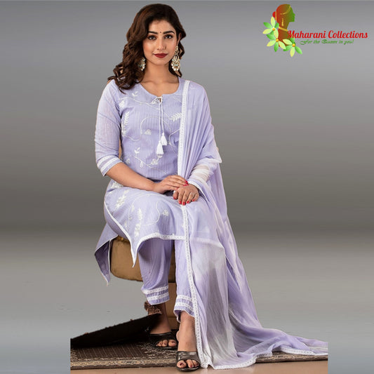 Maharani's Suit with Pants and Dupatta - Light Purple (M) - Pure Muslin Silk