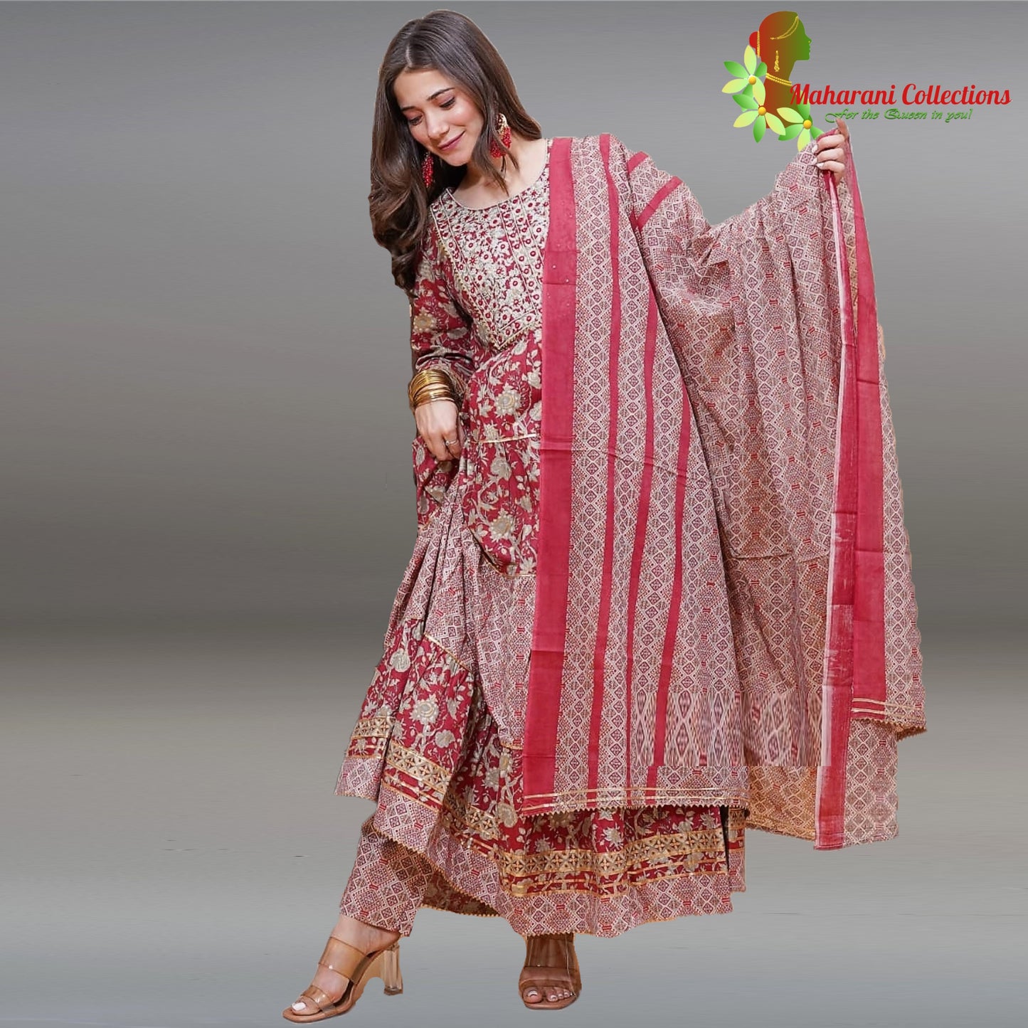 Maharani's Anarkali Suit - Maroon (M) - Pure Cotton