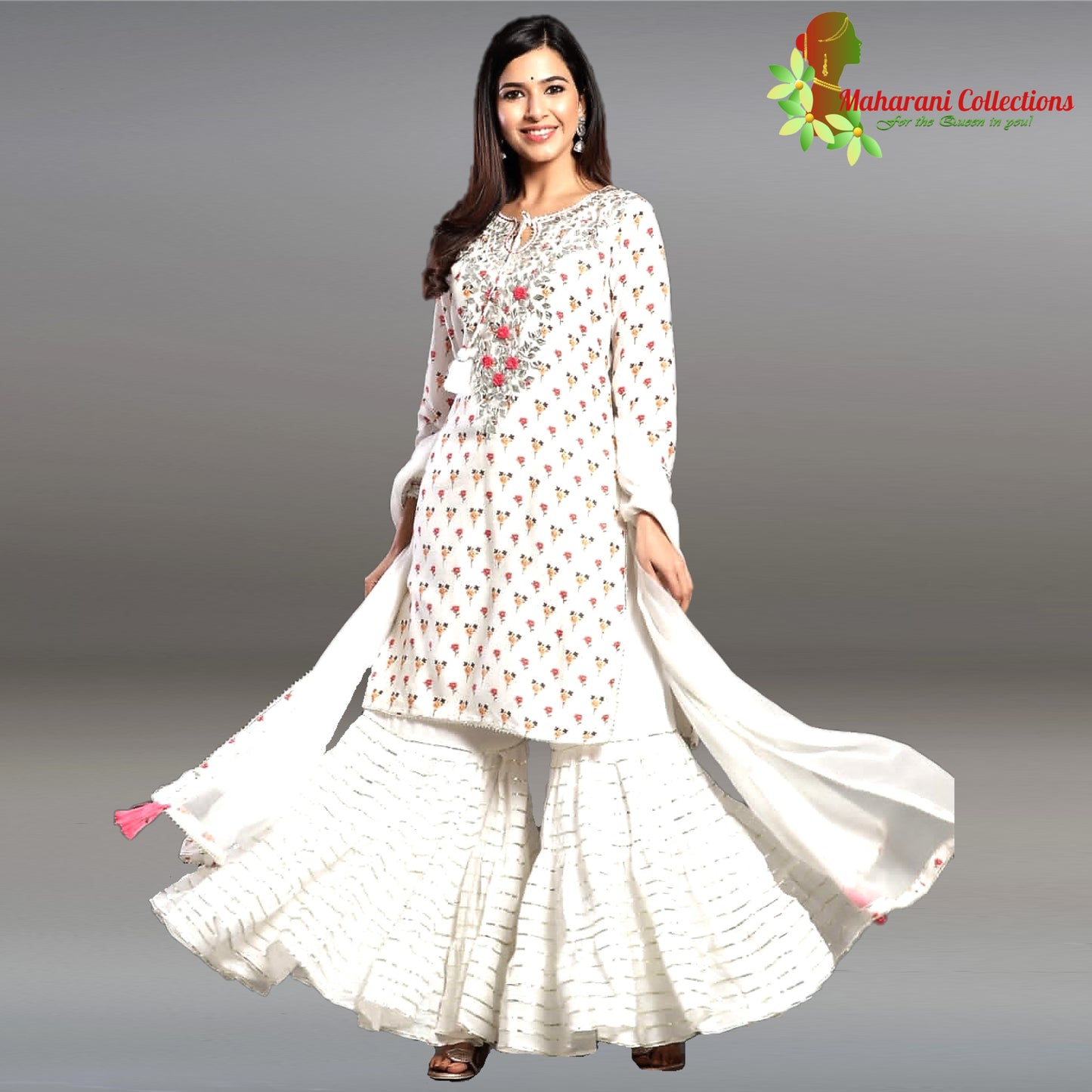 Maharani's Sharara Suit - White (M) - Pure Muslin Silk